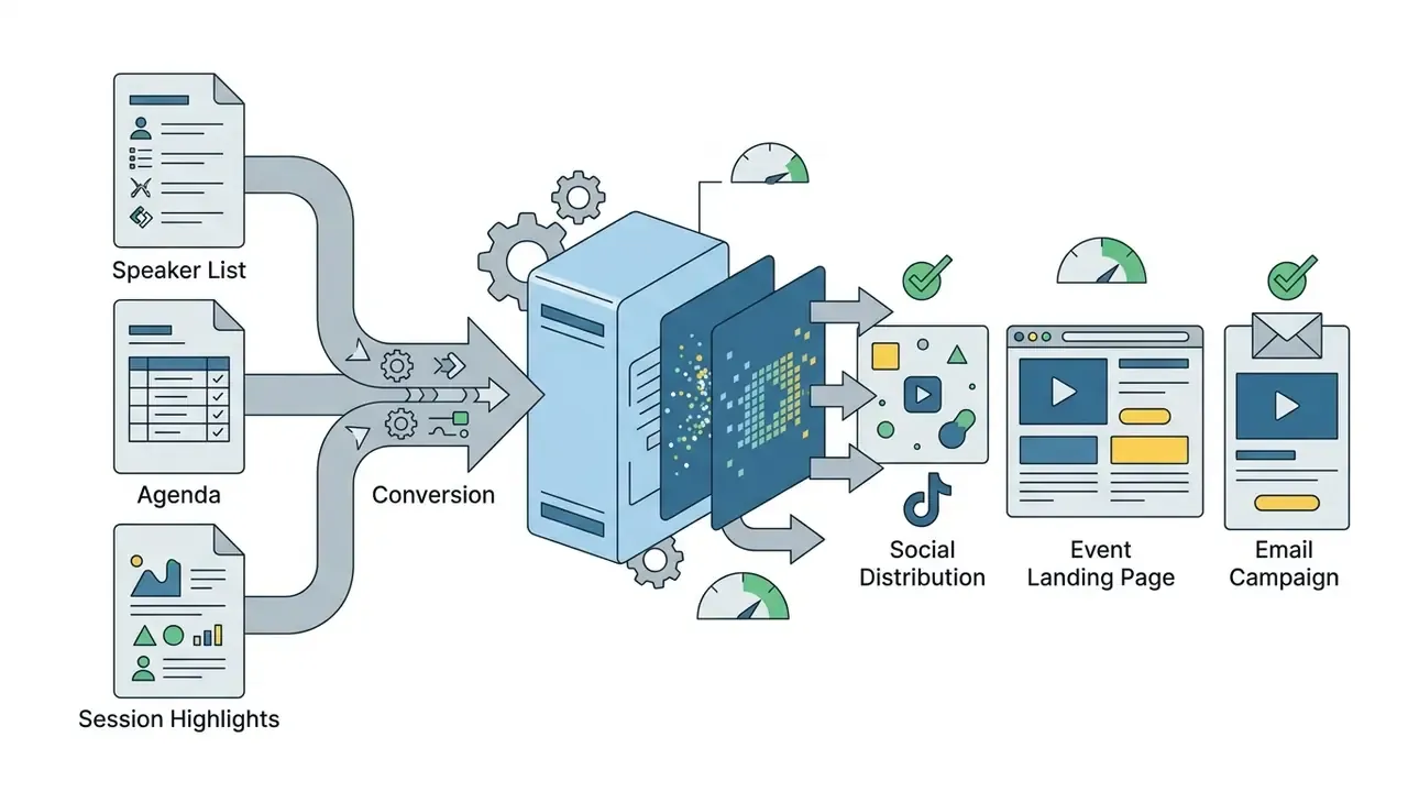 Event materials feeding into an AI processor to generate media for social, web, and email distribution