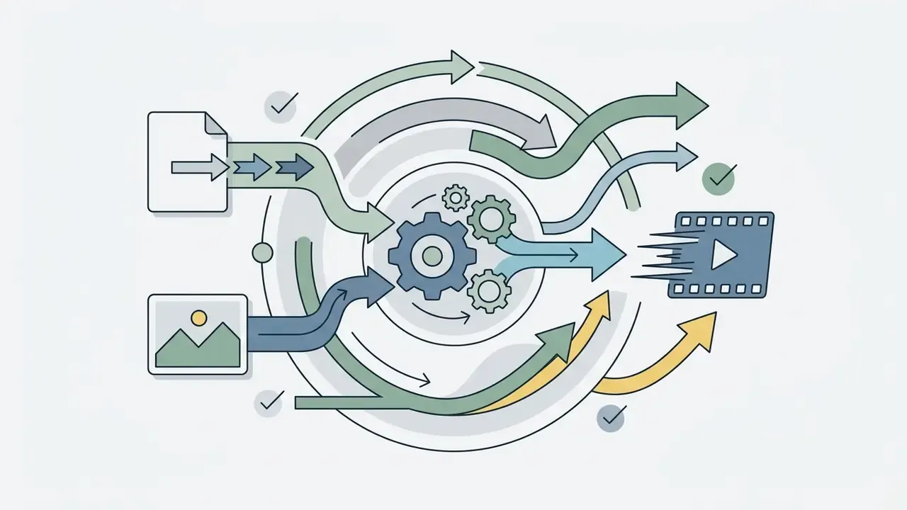 Document and image files flowing into a central gear mechanism to produce a motion video clip