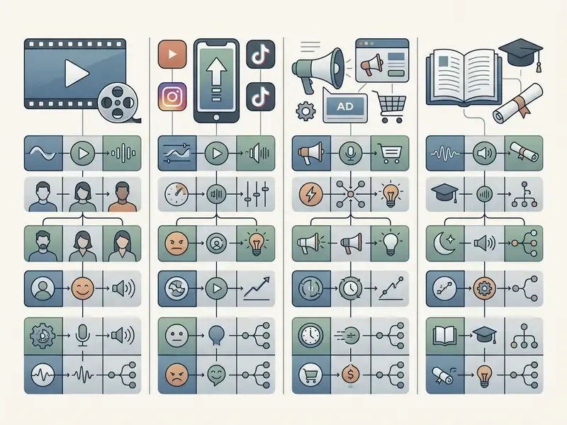 Comparison chart mapping specific AI voice parameters to different content channels and media formats