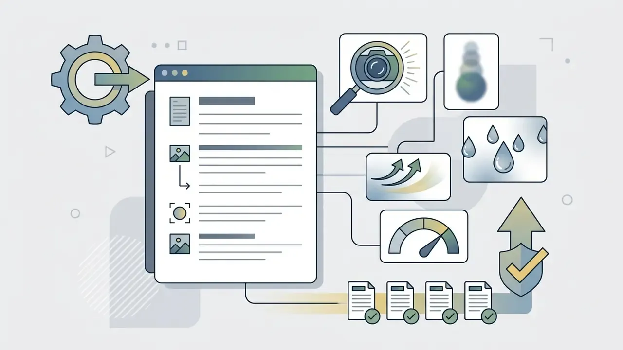 Central document interface connected to icons representing technical image styling and quality cues