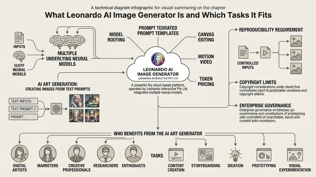Technical diagram showing how the Leonardo AI Image Generator processes inputs and supports various users