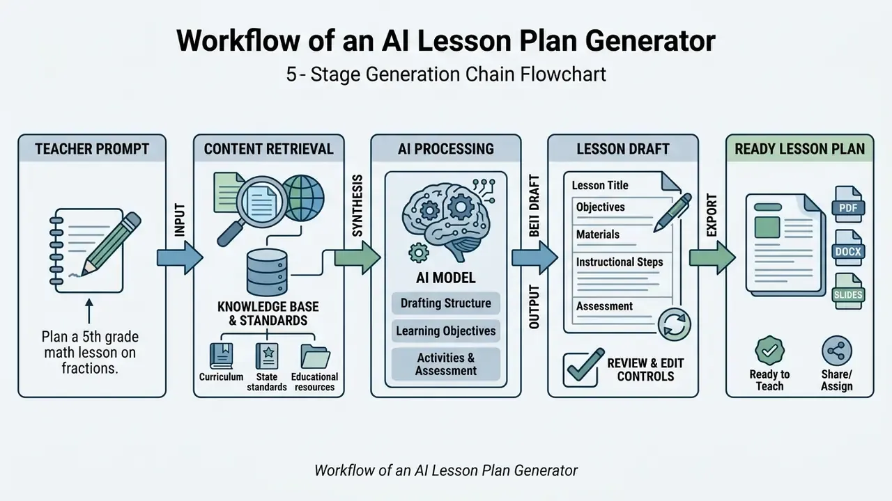 Flowchart showing the five-stage process from teacher prompt to a finalized AI lesson plan generator output