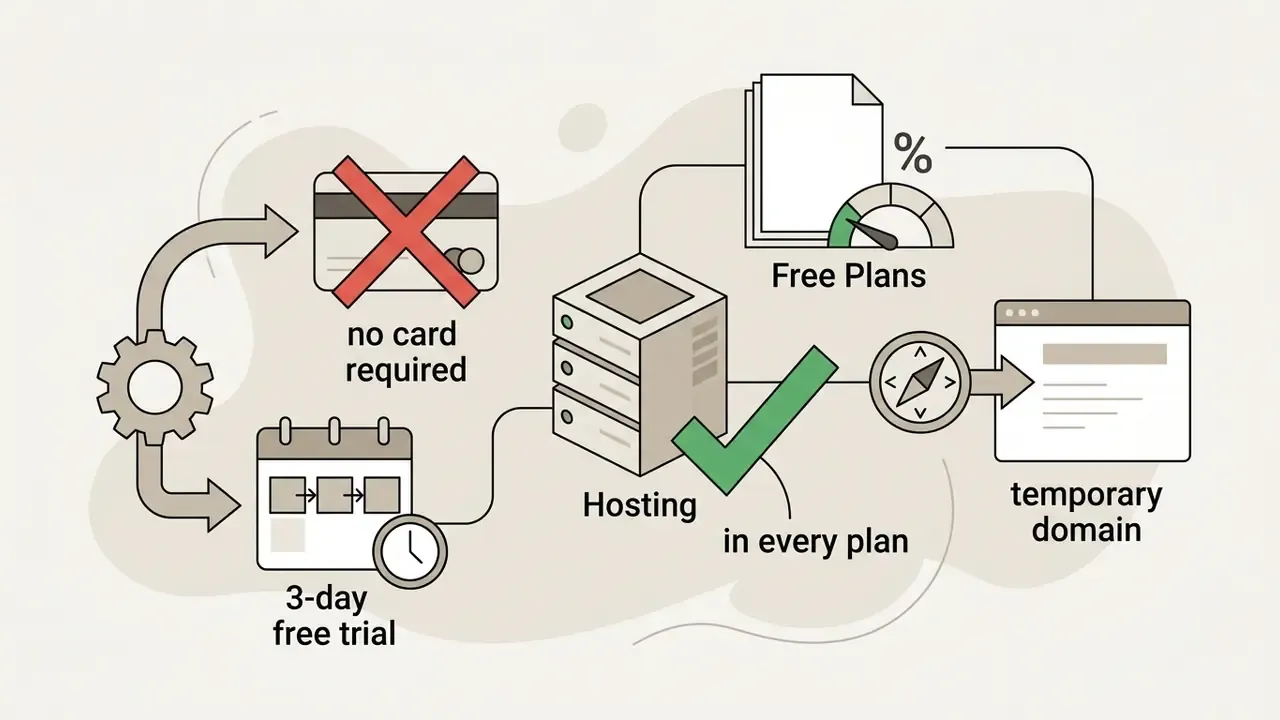 Icons representing a 3-day free trial, hosting, and a temporary domain for website creation