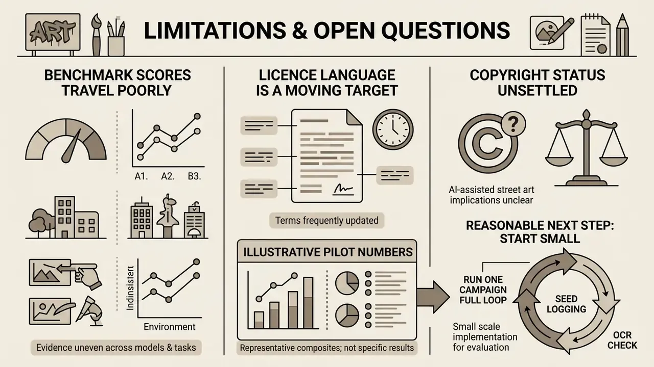 Infographic summarizing challenges like variable benchmarks, shifting licenses, and copyright uncertainties