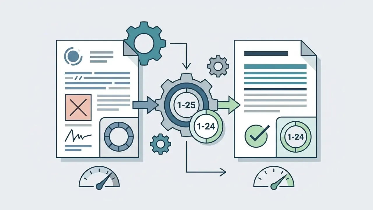 Document with obsolete data being processed through a gear system into a corrected document