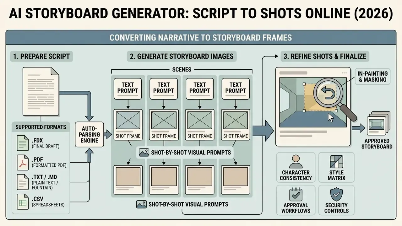 Diagram detailing the three-step workflow of an AI storyboard generator from script parsing to final output