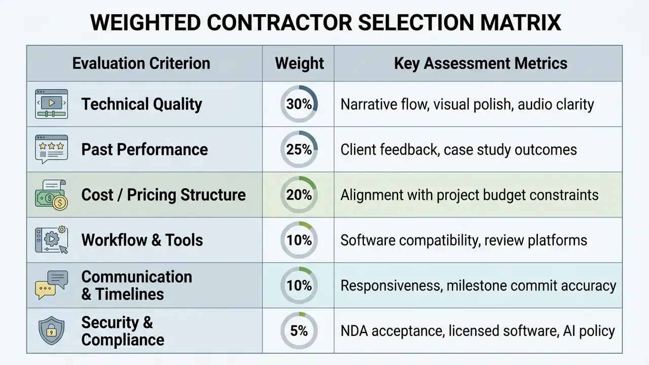 Table listing six evaluation criteria with percentage weights and key assessment metrics for contractors