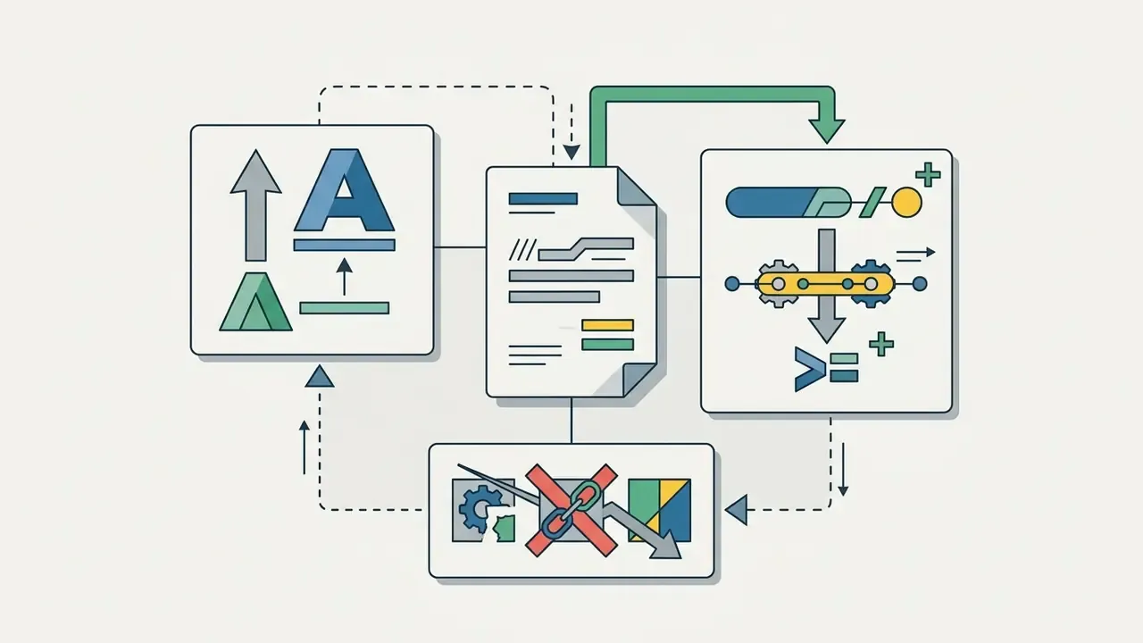 Cycle of icons representing text processing, document analysis, and domain availability verification