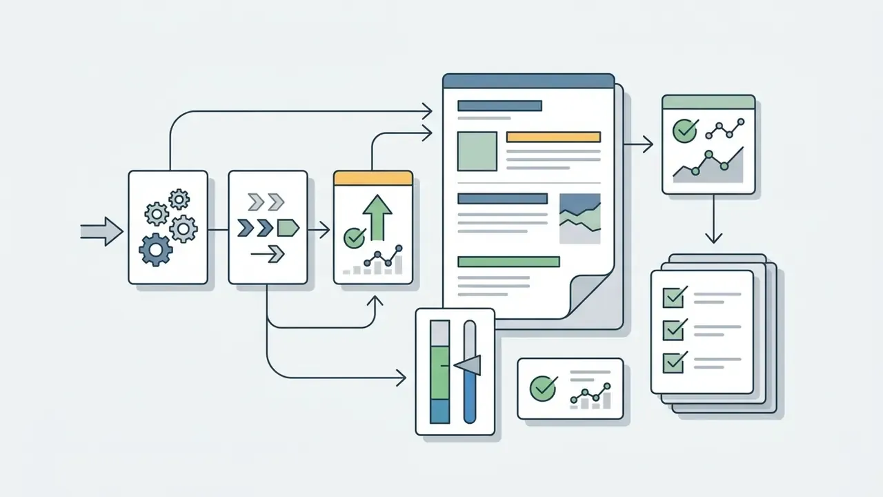 Diagram showing a data processing workflow that leads to document generation and quality checklists