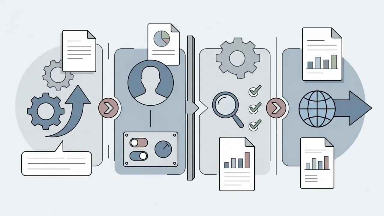 Sequential steps showing user roles, administrative controls, content review, and final global publication