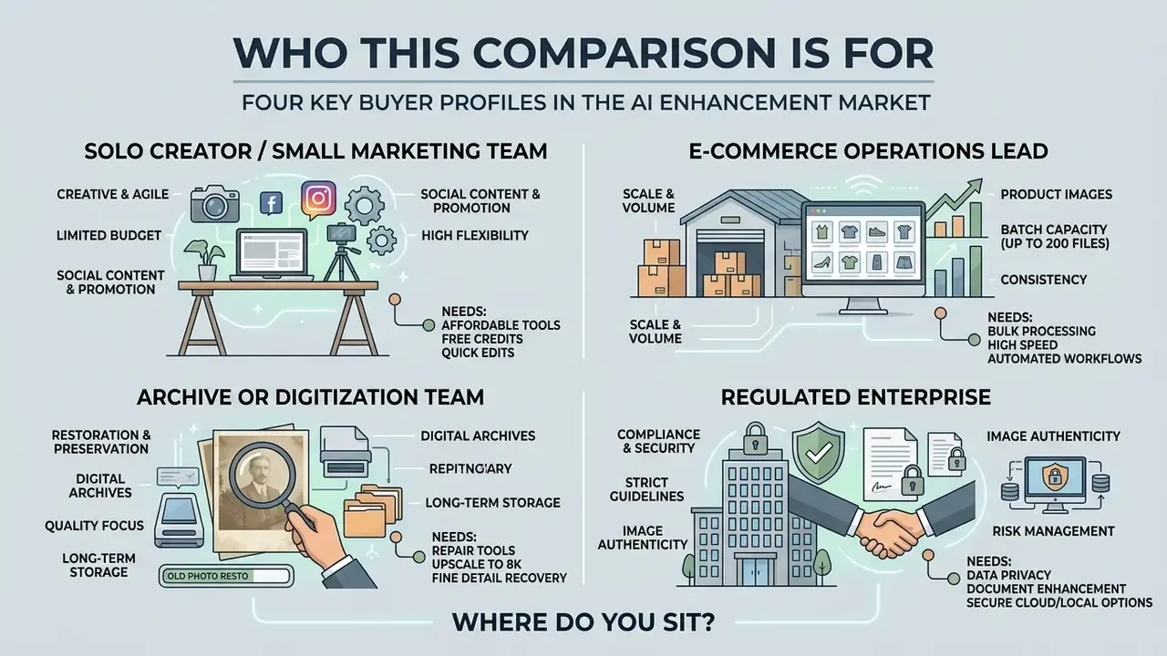 Four quadrants detailing distinct buyer profiles and their specific needs for AI image enhancement tools