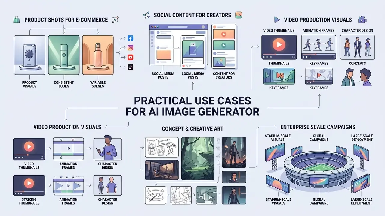 Infographic showing diverse applications of a Magic Hour AI image generator for business and creative tasks