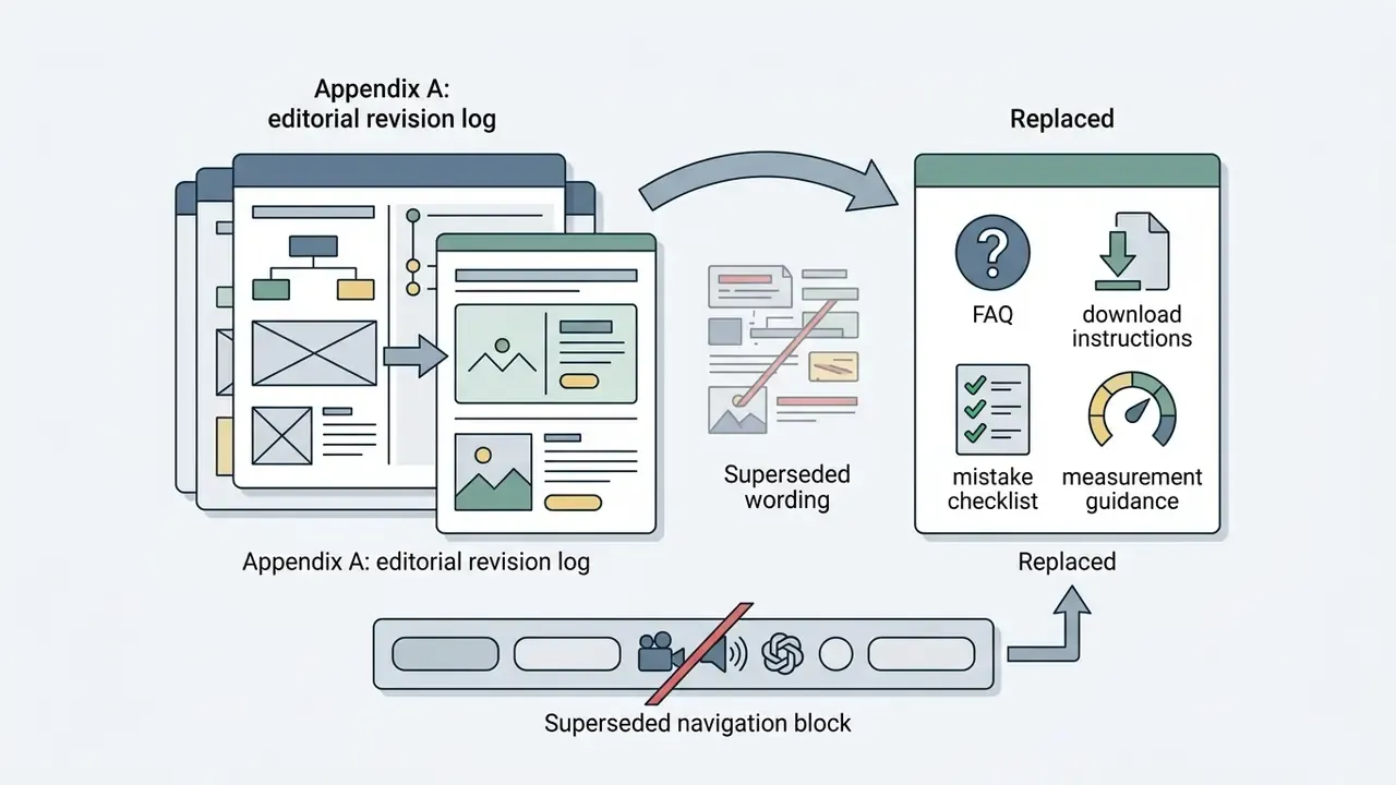 Revision log showing outdated navigation elements being replaced by a new FAQ and resource panel