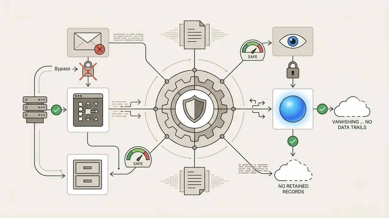 System of icons showing data privacy pathways, encryption bypasses, and secure cloud storage processing