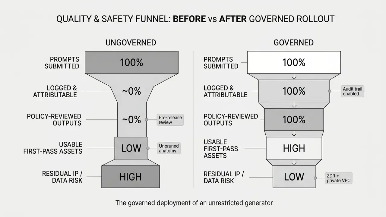 Comparison of safety and quality metrics across two funnel diagrams showing governed versus ungoverned states