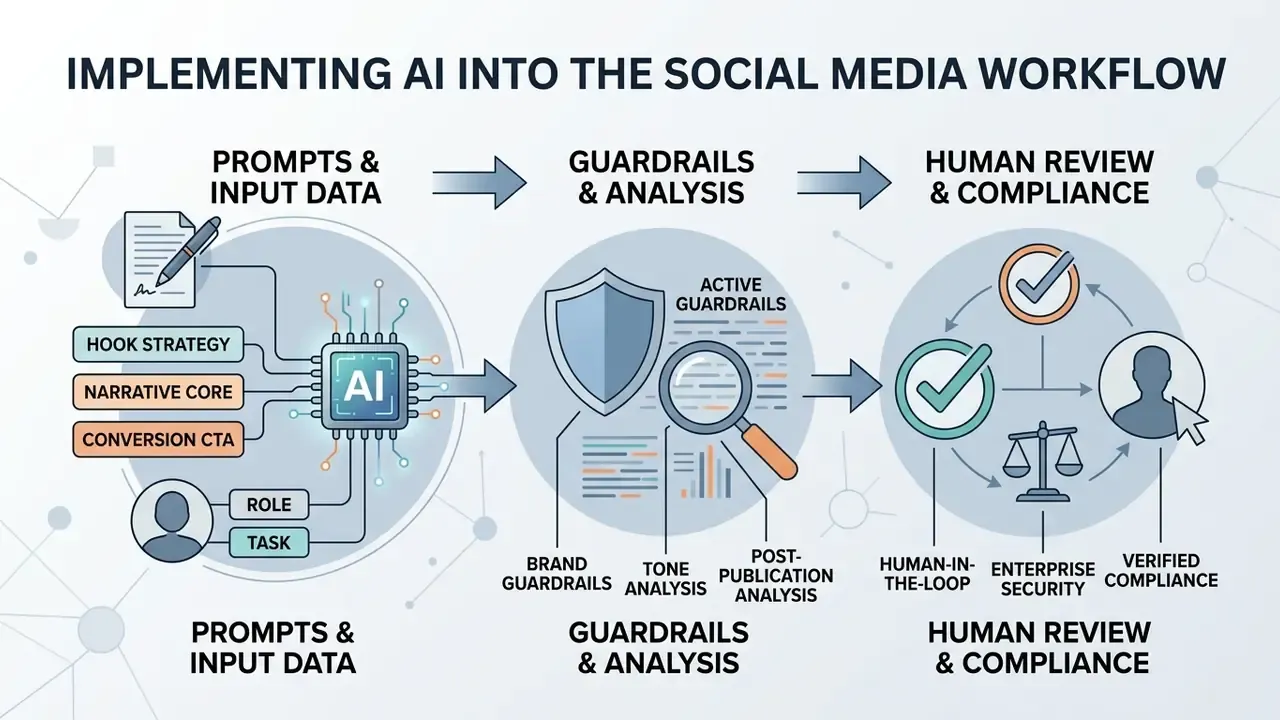 Process diagram showing stages from AI prompt engineering to guardrails and human compliance review
