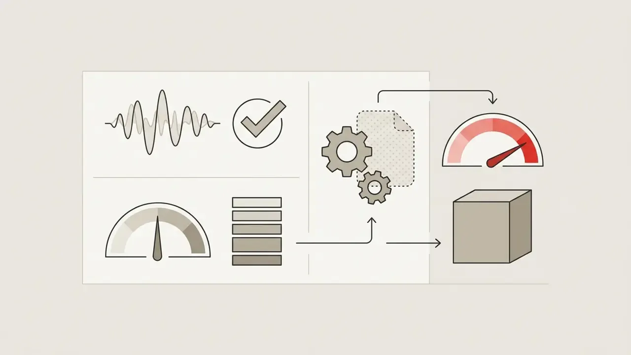Icons representing audio waveforms, bitrate levels, and file processing steps for converting digital media