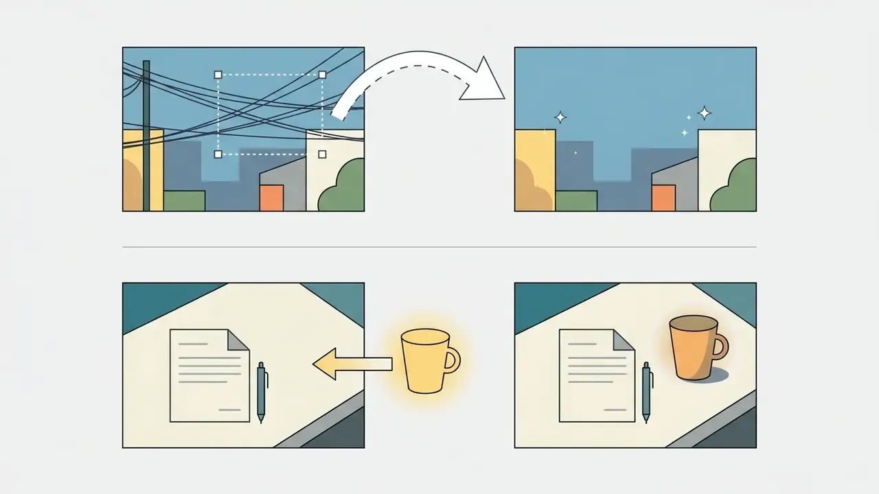 Two panels showing object removal of power lines and the addition of a coffee cup to a desk scene