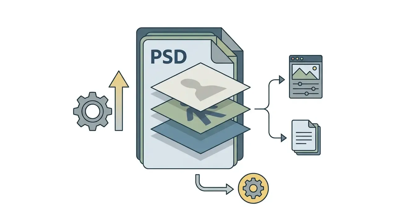 Layered PSD file icon showing separated image components being processed for external editing software