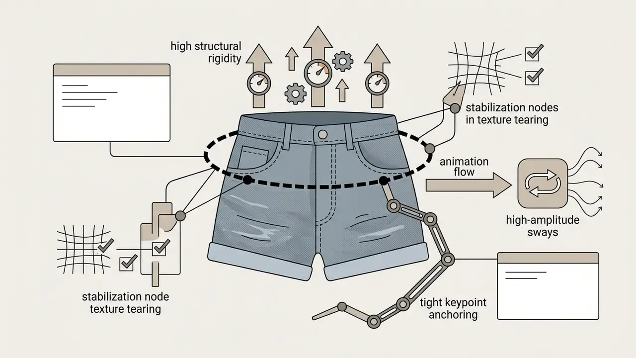 Technical graphic showing denim shorts with keypoint anchoring and stabilization nodes for animation
