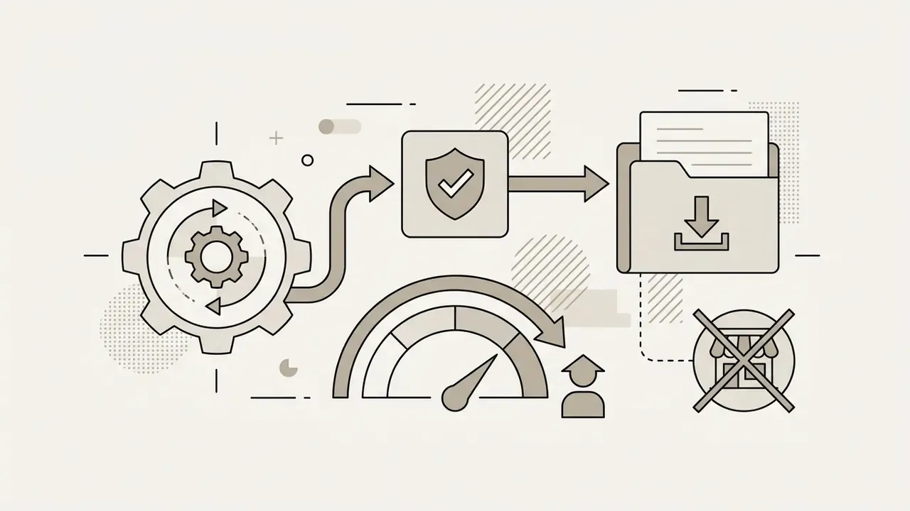 Gear mechanism processing data through a shield icon to a download folder with a non-commercial symbol