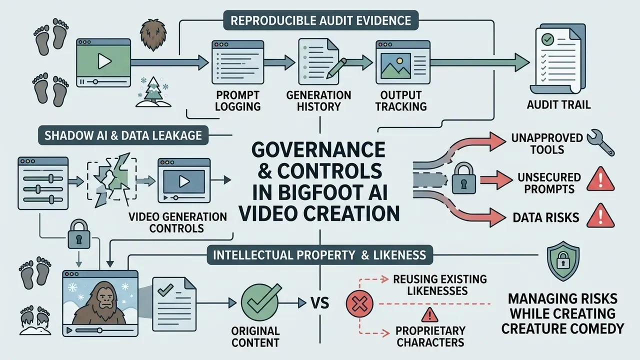 Diagram showing governance, audit trails, and risk management steps for Bigfoot AI video creation