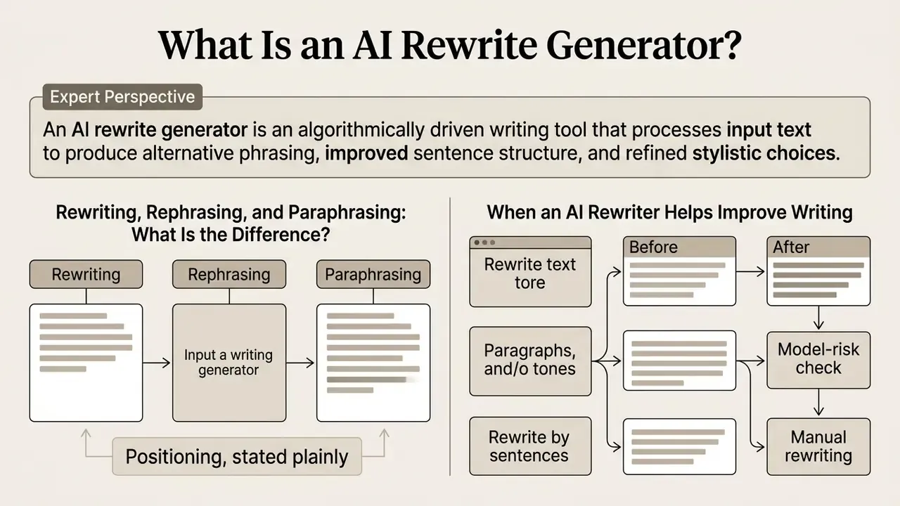 Infographic explaining how an AI rewrite generator processes text through comparison and workflow diagrams