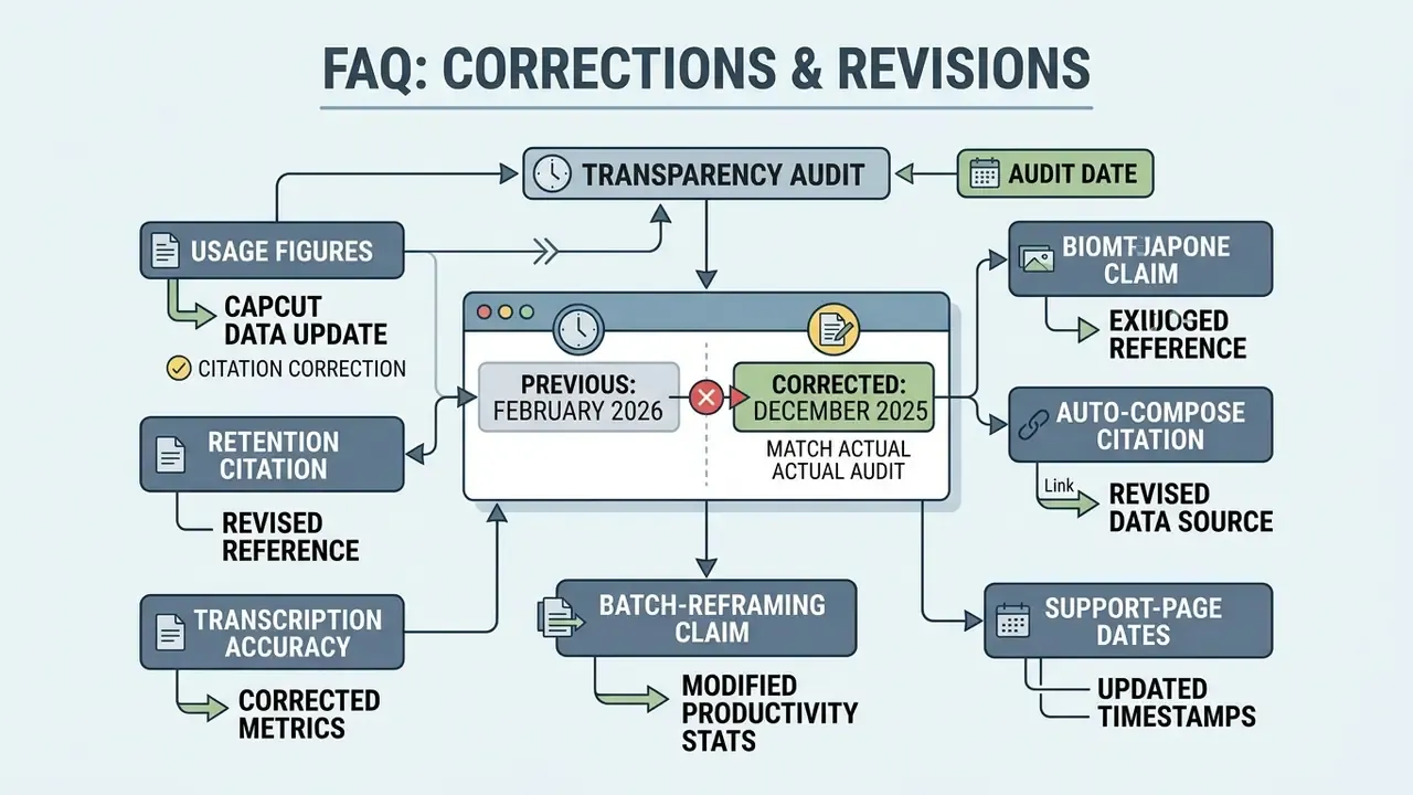 Flowchart displaying transparency audit steps for correcting data and citations in video editing articles