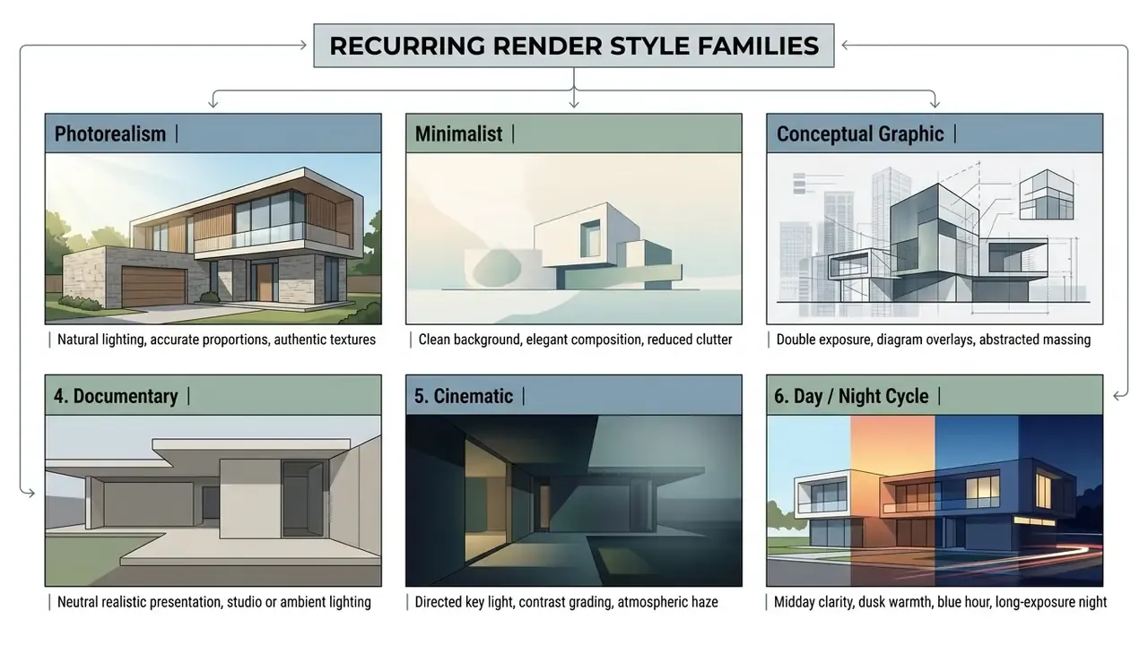 Grid of six architectural styles including photorealism, minimalist, and cinematic lighting examples