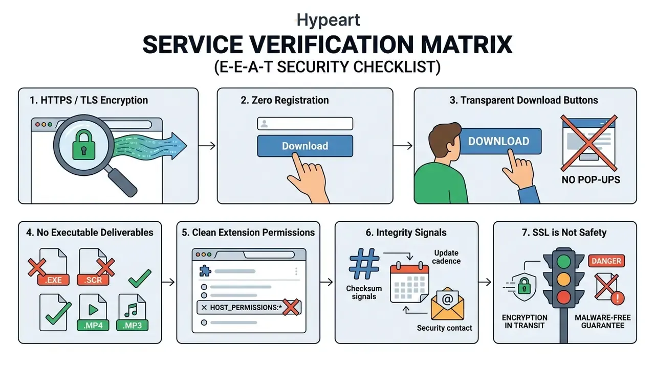 Seven-step checklist showing security and transparency standards for evaluating web media services