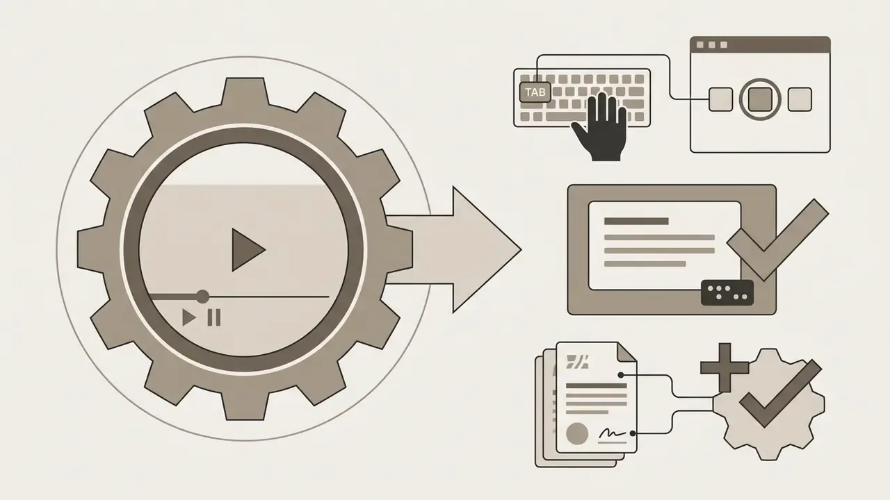 Gear icon with video controls pointing to keyboard navigation, captioning, and compliance documentation