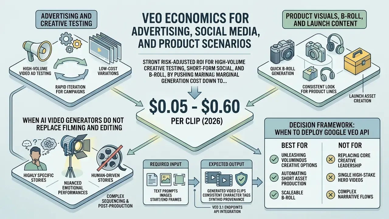 Diagram showing cost-benefit analysis and decision framework for using Google Veo in creative production
