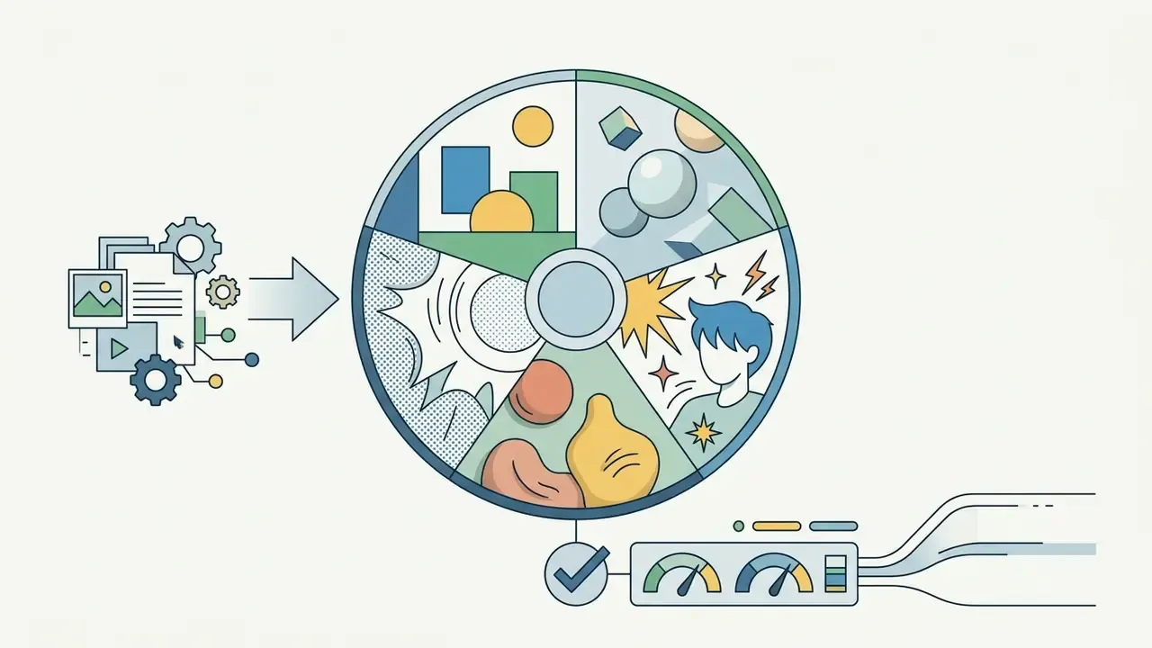 Circular wheel displaying five distinct artistic styles fed by document and media processing icons