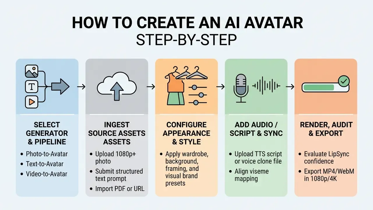 Five sequential steps for how to create an AI avatar ranging from asset selection to final rendering