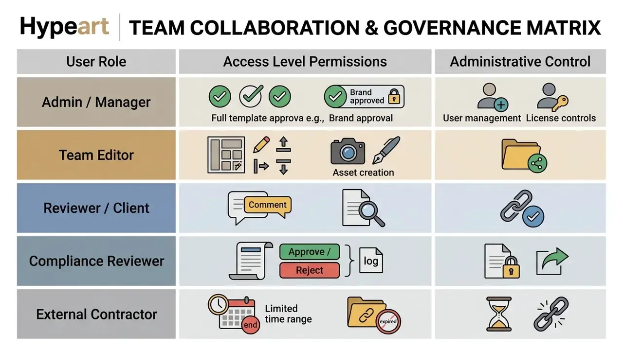 Matrix mapping user roles to access permissions and administrative controls for team collaboration