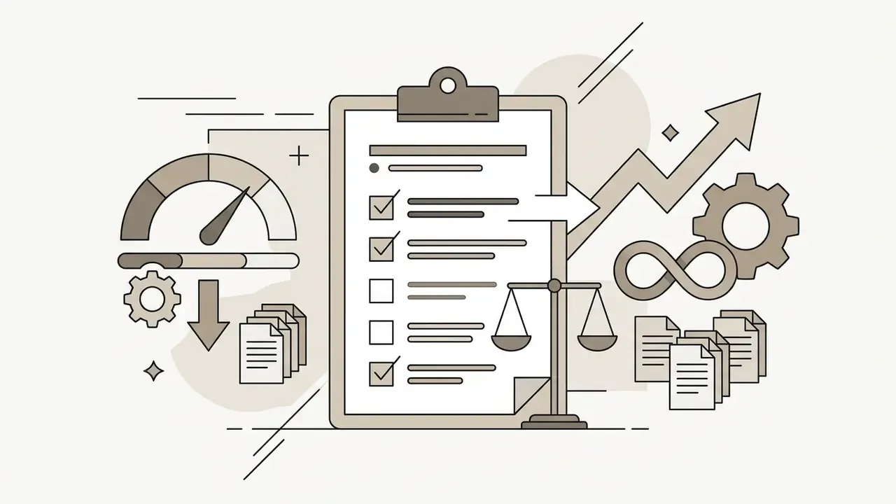 Clipboard with a checklist, speedometer, scales of justice, and document stacks indicating output limits