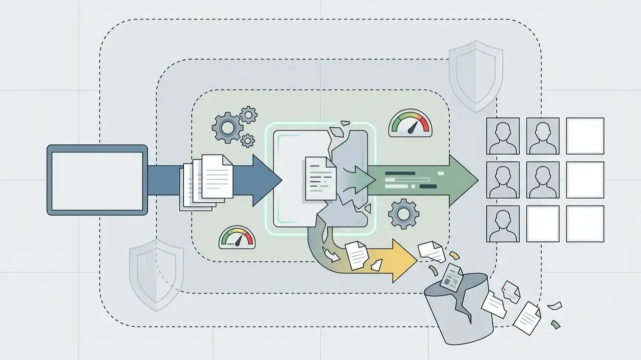 Data flow showing documents moving through a central processing hub toward user profiles and a trash bin