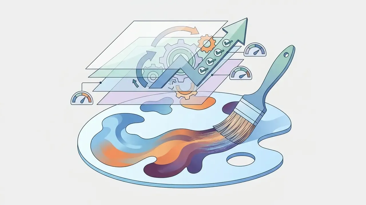 Paintbrush mixing colors on a palette below layered transparent sheets with gears and status gauges