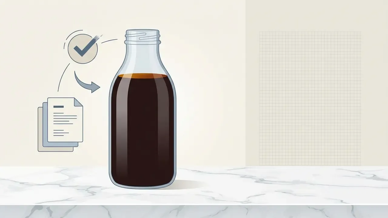 Glass bottle of cold brew coffee on a marble surface with a document icon and a checkmark symbol