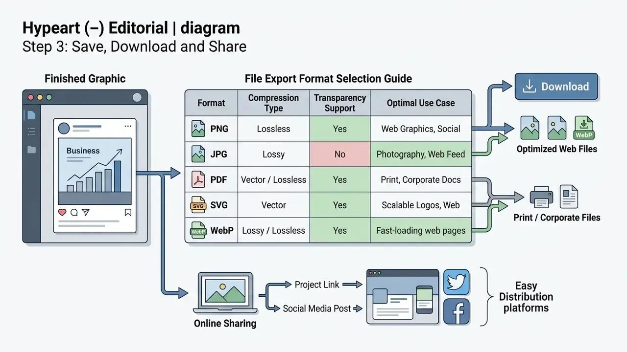 Flowchart showing file export formats and distribution options for a finished graphic