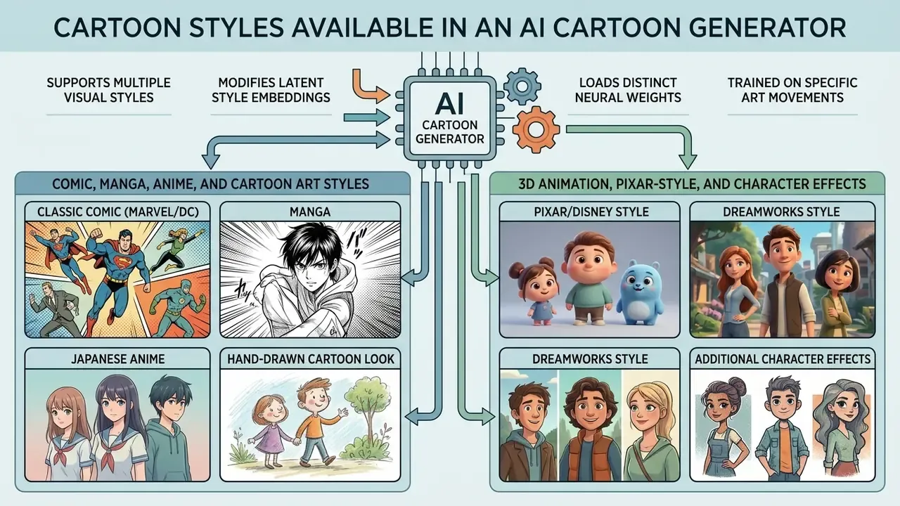 Infographic displaying various art styles generated by an AI photo to cartoon converter