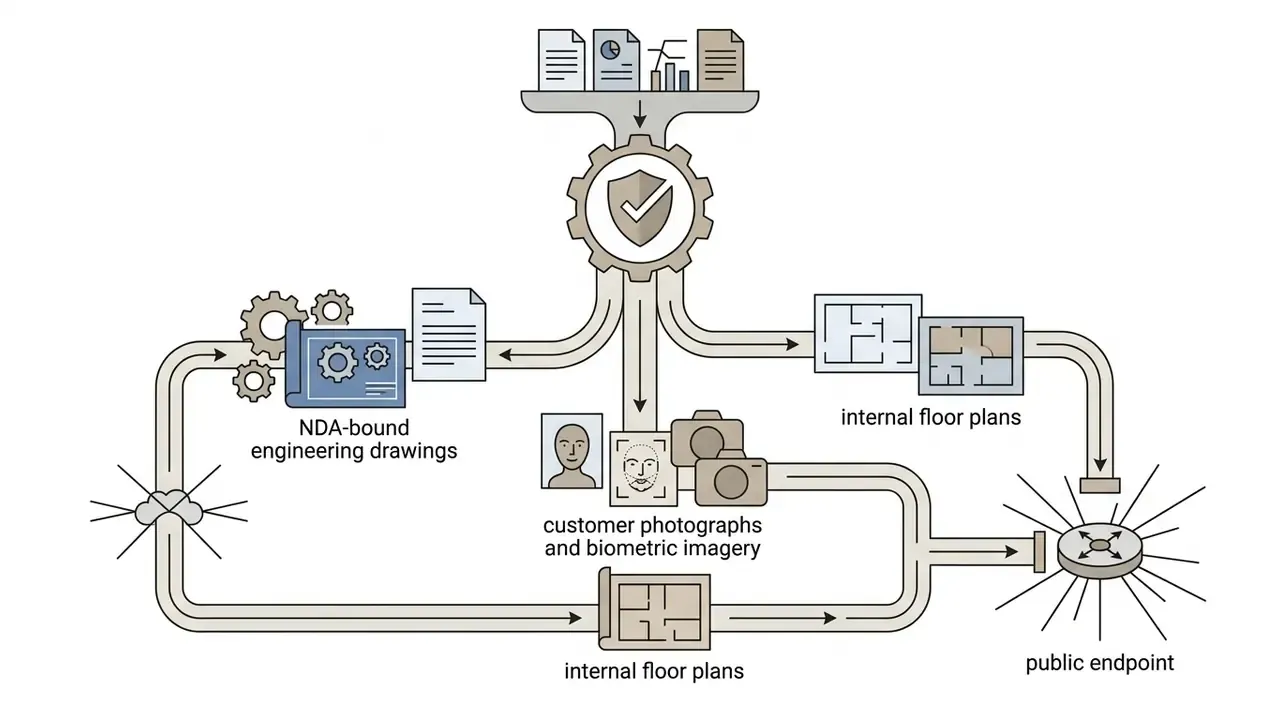System of pipes and gears filtering sensitive documents and images away from a public endpoint