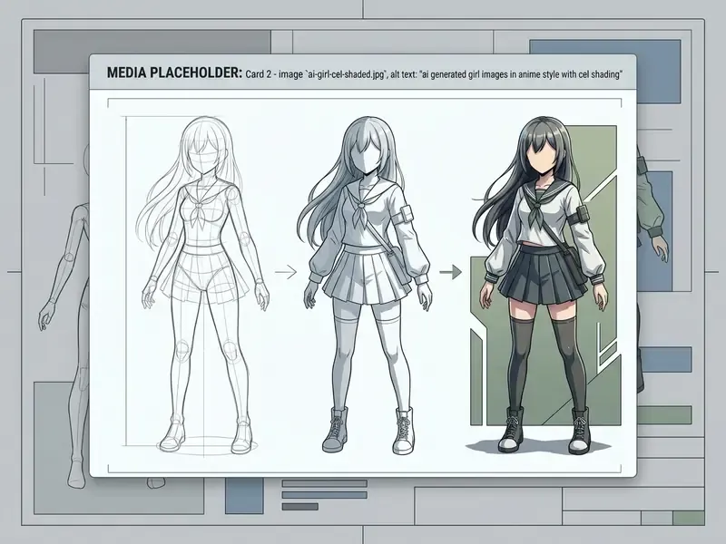 Three stages of a character design showing the progression from a rough sketch to a colored anime figure