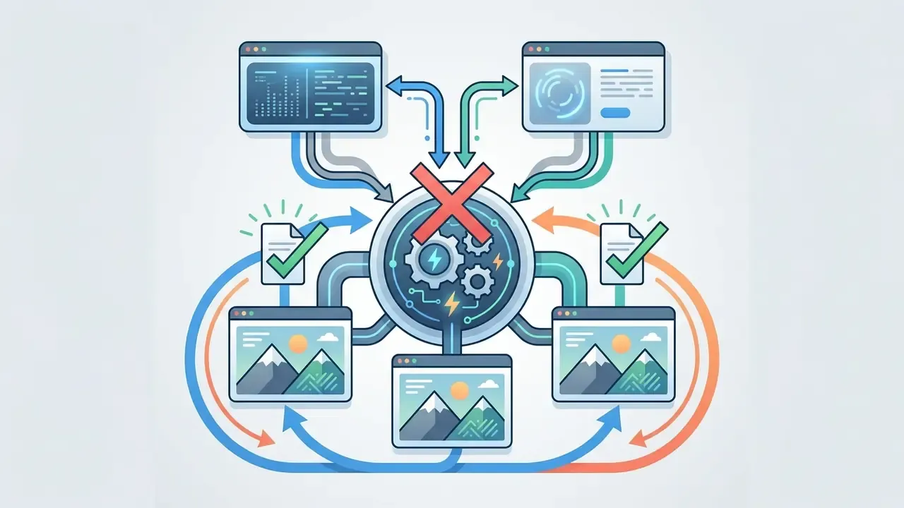 Software windows and documents flowing into a gear hub marked with a large red X for copyright restriction