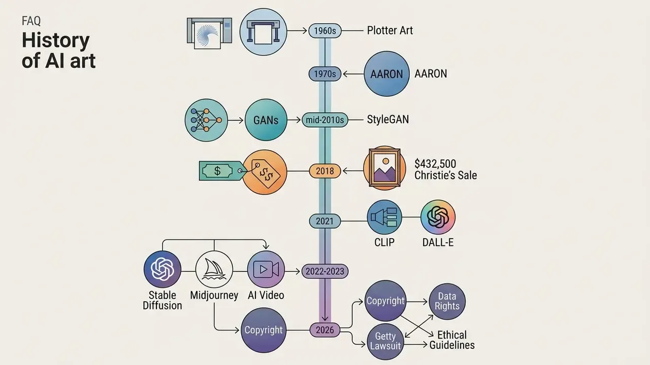 Vertical timeline tracking the development of AI art from 1960s plotter experiments to modern regulations