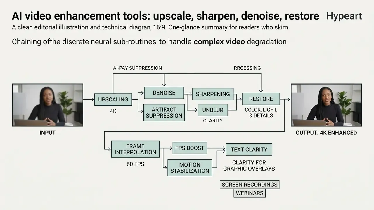 Technical diagram showing how AI processes video inputs through stages like upscaling, denoising, and restoration
