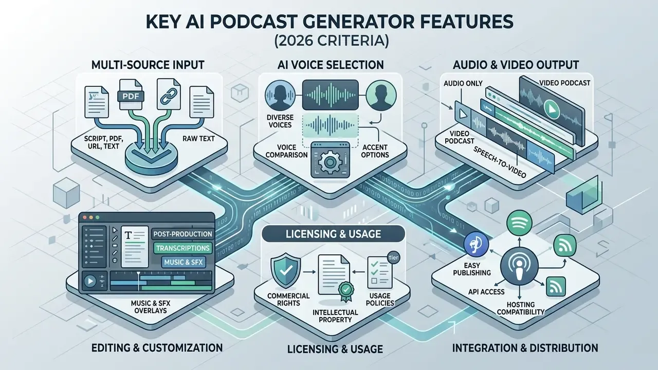 Infographic detailing input, voice selection, output, editing, licensing, and distribution workflows