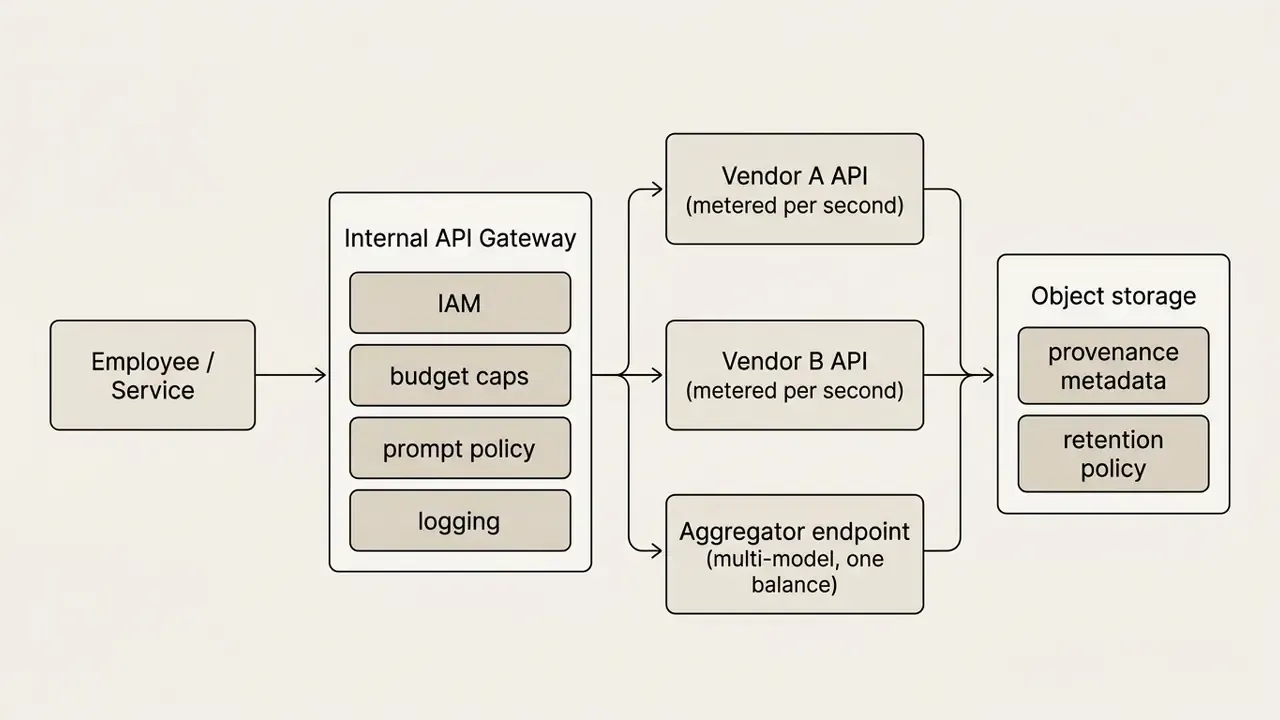 System architecture showing employee requests passing through an internal API gateway to vendor services
