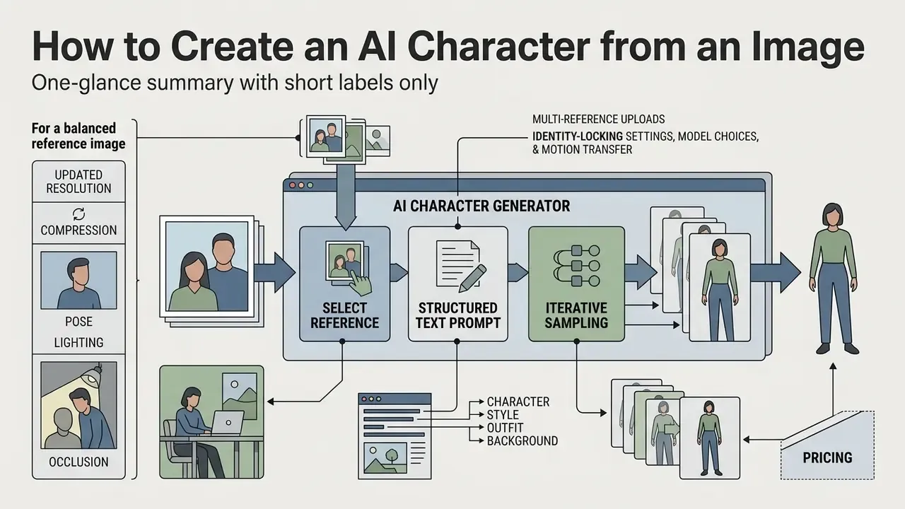 Diagram detailing the workflow of an AI character generator from photo selection to iterative sampling