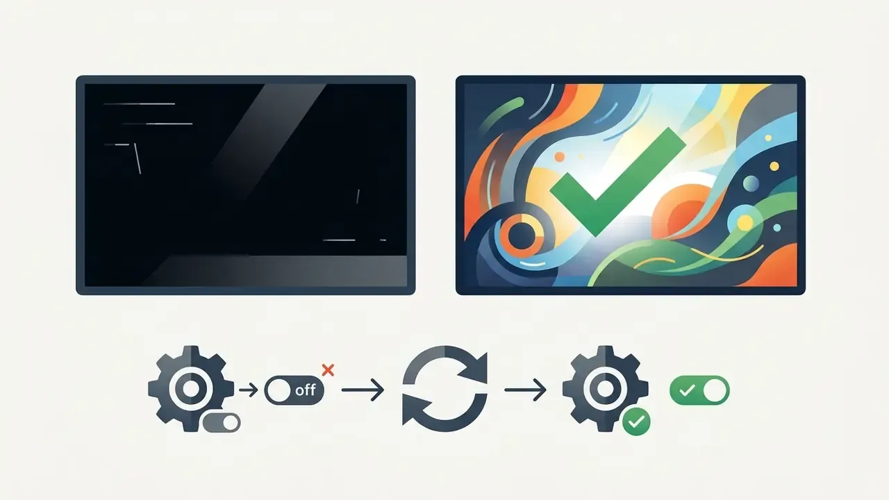 Computer screens showing a transition from a black display to a colorful wallpaper after toggling settings